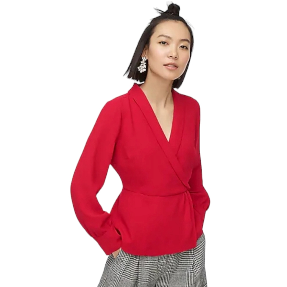 J Crew Women's Shirt Top Peplum Drapey Flowy Faux Wrap Red Christmas Holiday 8